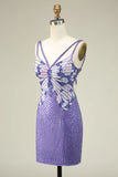 Charming Sheath Spaghetti Straps Purple Sequins Design A-line Homecoming Dress HZ1024