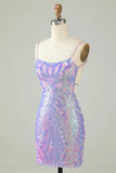 Chic Light Purple Sequin Lace-up Design A-line Spaghetti Strap Homecoming Dress HZ1024