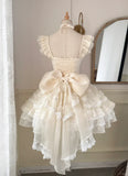 Vintage Beige Sweetheart Bow Lace-up Design A-line Tulle Tiered Party Dress Homecoming Dress HZ1024