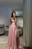 Vintage Pink Satin Strapless Evening Gown Beaded High Slit Party Dress Long Formal Dress HZ1024
