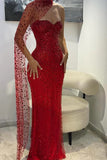 Vintage Red Glittering Beaded Evening Gown Sheath Strapless Sweetheart Party Dress Long Formal Dress HZ1024