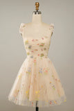 Charming Floral Embroidery Design A-line Tulle Spaghetti Strap Homecoming Dress HZ1024