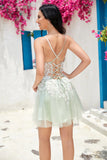 Gorgeous Light Green Appliqued Tulle Design A-line Spaghetti Strap Homecoming Dress HZ1024