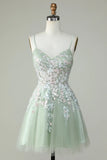 Gorgeous Light Green Appliqued Tulle Design A-line Spaghetti Strap Homecoming Dress HZ1024