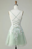 Gorgeous Light Green Appliqued Tulle Design A-line Spaghetti Strap Homecoming Dress HZ1024