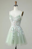 Gorgeous Light Green Appliqued Tulle Design A-line Spaghetti Strap Homecoming Dress HZ1024