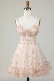 New Fashion Champagne Floral Design A-line Corset Spaghetti Strap Short Homecoming Dress HZ1024