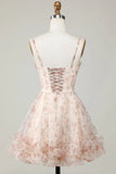 New Fashion Champagne Floral Design A-line Corset Spaghetti Strap Short Homecoming Dress HZ1024