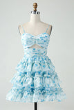 Vintage Light Blue Floral Design A-line Spaghetti Strap Tiered Homecoming Dress HZ1024