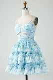 Vintage Light Blue Floral Design A-line Spaghetti Strap Tiered Homecoming Dress HZ1024