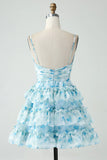 Vintage Light Blue Floral Design A-line Spaghetti Strap Tiered Homecoming Dress HZ1024