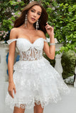 Charming Off-the-shoulder White Lace Corset Design A-line Homecoming Dress HZ1024