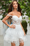 Charming Off-the-shoulder White Lace Corset Design A-line Homecoming Dress HZ1024