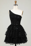 Gorgeous Black One-shoulder Appliques Tulle Design A-line Homecoming Dress HZ1024