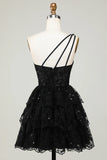 Gorgeous Black One-shoulder Appliques Tulle Design A-line Homecoming Dress HZ1024