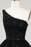 Gorgeous Black One-shoulder Appliques Tulle Design A-line Homecoming Dress HZ1024