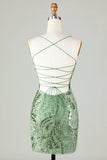 Chic Green Sequin Lace-up Design A-line Spaghetti Strap Tight Homecoming Dress HZ1024