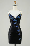 Charming Black Sequin Butterfly Pattern Design A-line Lace-up Spaghetti Strap Homecoming Dress HZ1024