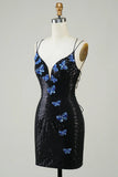 Charming Black Sequin Butterfly Pattern Design A-line Lace-up Spaghetti Strap Homecoming Dress HZ1024