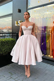 Retro Light Pink Sweetheart Strapless Design A-line Satin Party Dress Homecoming Dress HZ1024