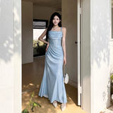 Vintage Shiny Light Blue Spaghetti Strap Mermaid Long Summer Dresses Prom Dress Evening Dress HZ1024