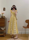 New Simple Fashion Yellow Floral Design A-Line Long Dress HZ1024