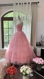 Vintage Pink Strapless Sweetheart Design Romantic Chiffon Tiered Evening Dress Prom Dress HZ1024