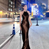 Elegant Shiny Satin Prom Dress Halter-neck Evening Gown Sheath Party Dress Long Formal Dress HZ1024