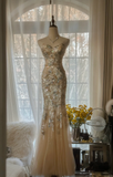 Elegant Mermaid Golden Sparkling Strapless Elegant Beaded Chiffon Evening Dress Prom Dress HZ1024
