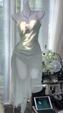 Vintage Mint Green Irregular Lace Hem Spaghetti Strap Design Chiffon Prom Dress Evening Dress HZ1024
