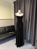 Chic Black Satin Lace-up Sheath Evening Gown Spaghetti Strap Party Dress Long Formal Dress HZ1024