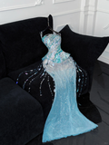 Gorgeous Sparkling Blue Sequin Beaded Mermaid Elegant Chiffon Evening Dress Prom Dresses HZ1024