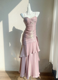 Vintage Sweetheart Sheath Spaghetti Strap Evening Dress Ruffled Long Prom Dress HZ1024