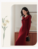 Vintage Burgundy Sheath Prom Dress Long-sleeve Evening Dress Knit Long Formal Dress HZ1024