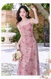 Retro Fashion Pink Flora Design Beach Holiday A-line Spaghetti Strap Dress HZ1024