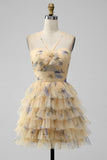 Vintage Yellow Floral Design A-line Spaghetti Strap Tiered Homecoming Dress HZ1024