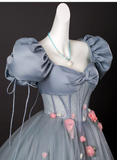 Chic Dusty Blue Sweet 16 Quinceanera 3D Flowers A-Line Puffy Sleeves Evening Dress Long Ball Gown HZ1024