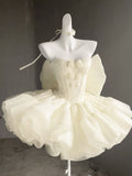 New Fashion Bow Design Sleeveless Strapless Mini Party Dress Cream White Homecoming Dress HZ1024
