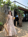 Simple Fashion Pink Floral Design A-line Beach Holiday Spaghetti Strap Dress HZ1024