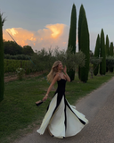 Vintage Black and White A-Line Prom Dress Spaghetti Strap Evening Dress Long Formal Dress HZ1024