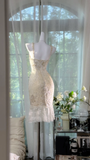 Vintage Ivory Lace Homecoming Dress Shiny Sequin V-neck Sheath Party Dress Cocktail Dress HZ1024