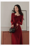 Vintage Burgundy Sheath Prom Dress Long-sleeve Evening Dress Knit Long Formal Dress HZ1024