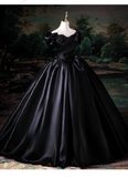 Elegant Black Satin Sweet 16 Quinceanera A-Line Off-the-shoulder Evening Dress Ruffled Ball Gown HZ1024