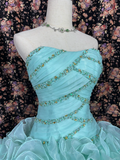 Vintage Blue-green Tulle Beaded Strapless Quinceanera A-Line Evening Dress Prom Dress Ball Gown HZ1024