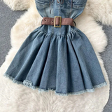 Fashion Women Sleeveless With Belted Waist Denim Corset Dress HZ1024