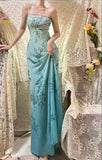 Vintage Gradient Blue Beaded Evening Gown Sheath Spaghetti Strap Party Dress Long Formal Dress HZ1024