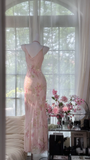 Retro Pink Floral Spaghetti Strap Romantic Chiffon Evening Dress Prom Dresses HZ1024