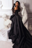 Retro Black Sweetheart Irregular Ruffle Hem Lace Gloves Design Elegant A-Line Satin Evening Dress Prom Dress HZ1024