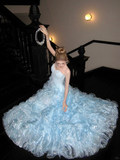 Gorgeous Shiny Light Blue Strapless Design A-Line Tulle Wedding Dress Prom Dress Evening Dress HZ1024