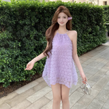 Fashion Purple 3D Flowers Tulle Design A-line Halter Homecoming Dress HZ1024